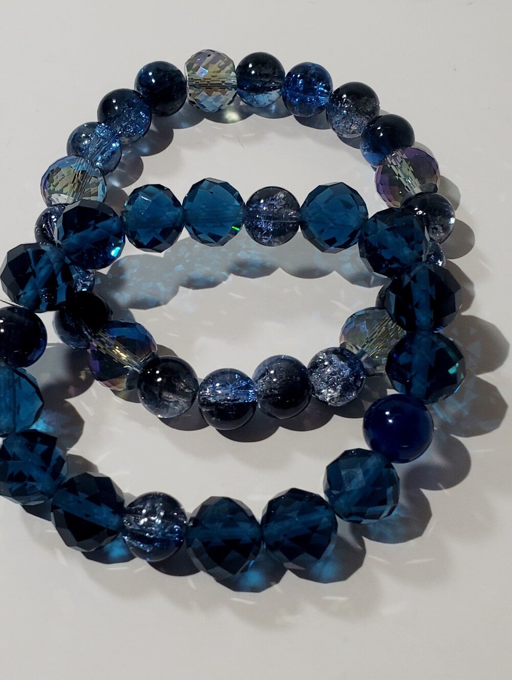 Set of Three Blue Glass Crystal Beaded Stretch Bracelets